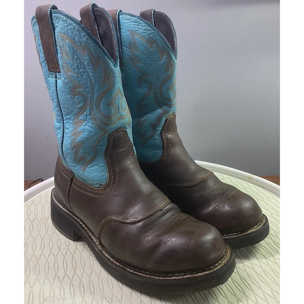 Santa Fe Boot Company Style Womens Cowgirl Western leather boots Brown/Teal‎ 7.5